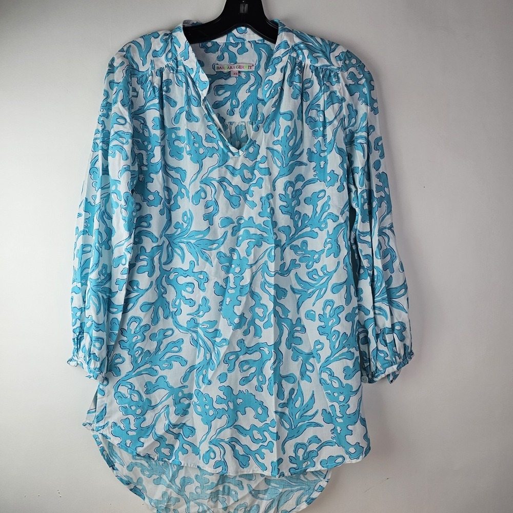 Barbara Gerwit Tunic Blue White Top Beach Coral Womens Size XS Shirt LS Nautical - Picture 2 of 11